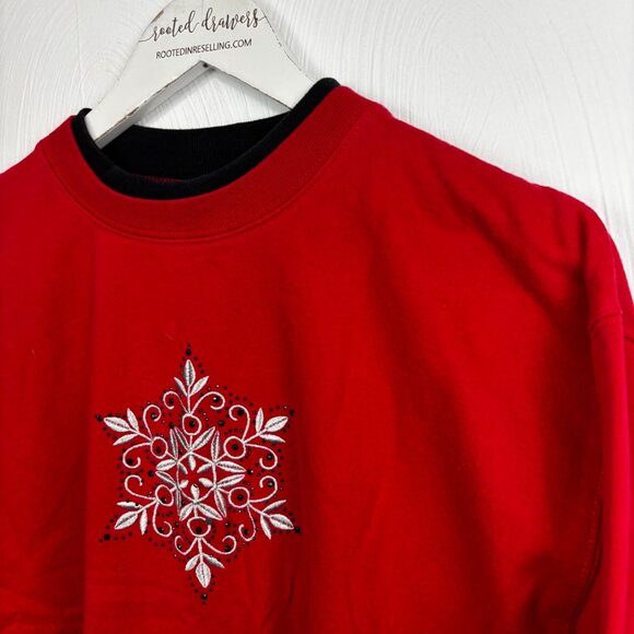 Vintage Christmas Sweatshirt Red Snowflake Pullover Holiday 90s MCC Sportswear - Picture 2 of 6